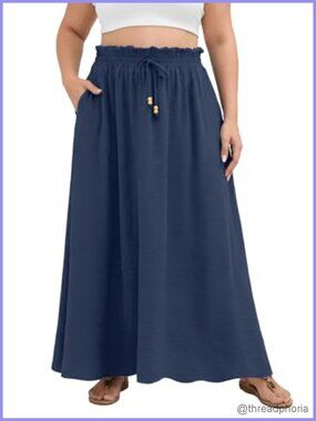 Plus Size Maxi Skirt Pleated Elastic Waist A-Line Swing Beach Long Skirt Pockets